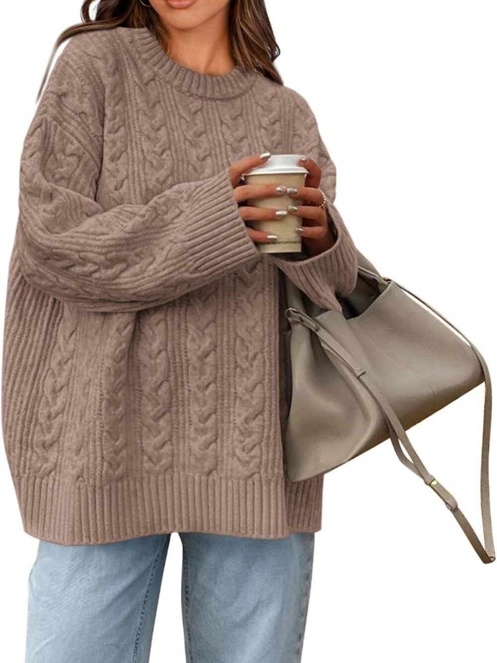 Cozy Oversized Cable Knit Crewneck Sweater for Women - Perfect Fall Fashion!